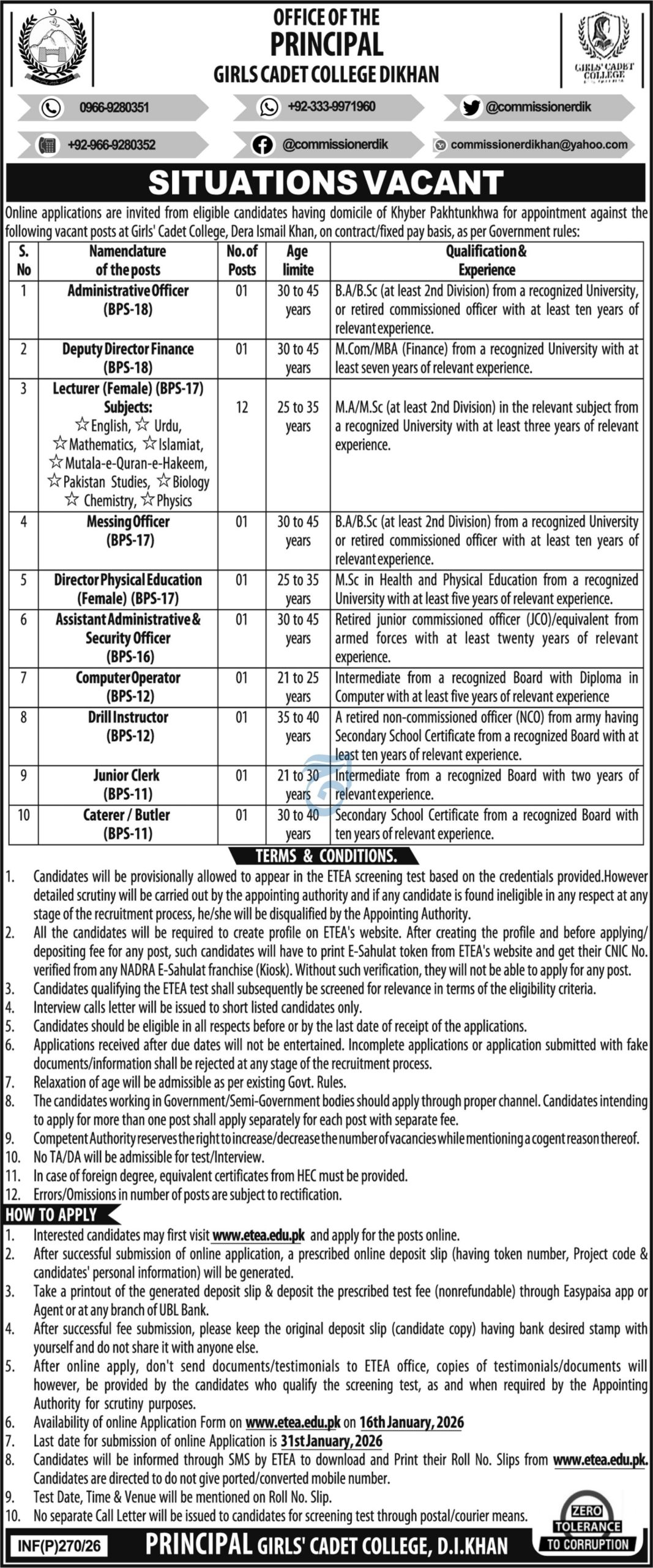 Latest Girls Cadet College Jobs Dera Ismail Khan 2026