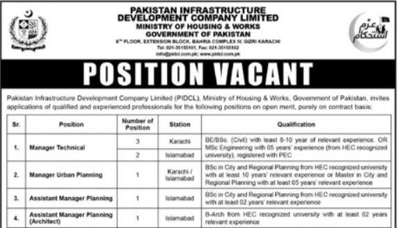 Pakistan Infrastructure Development Co. Ltd (PIDC) Jobs 2026