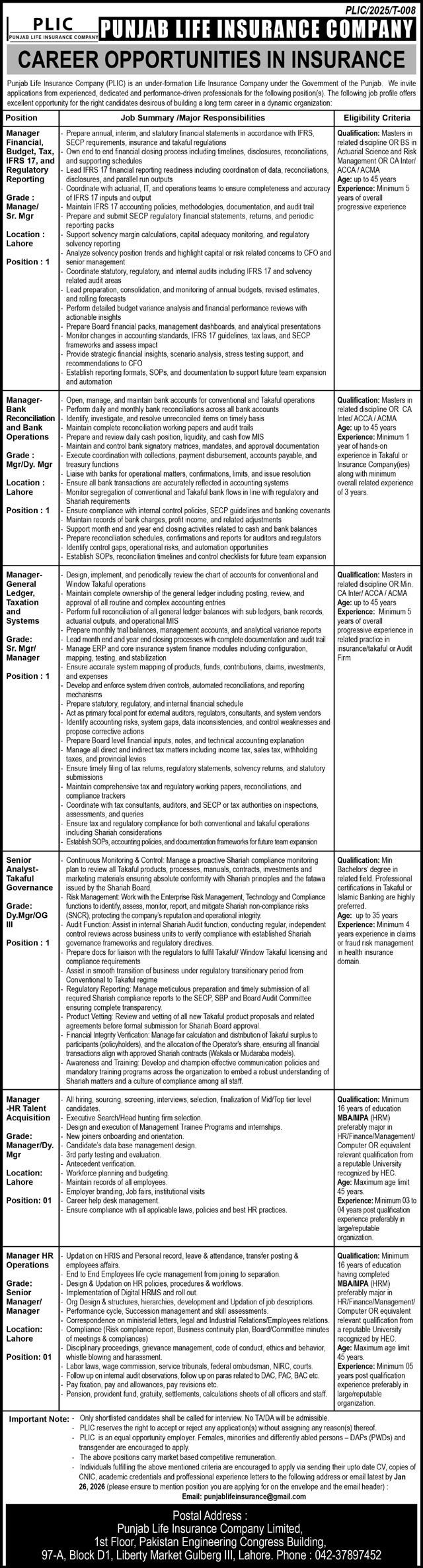 Latest Government Jobs in Punjab 2026 – PLIC Career Opportunities