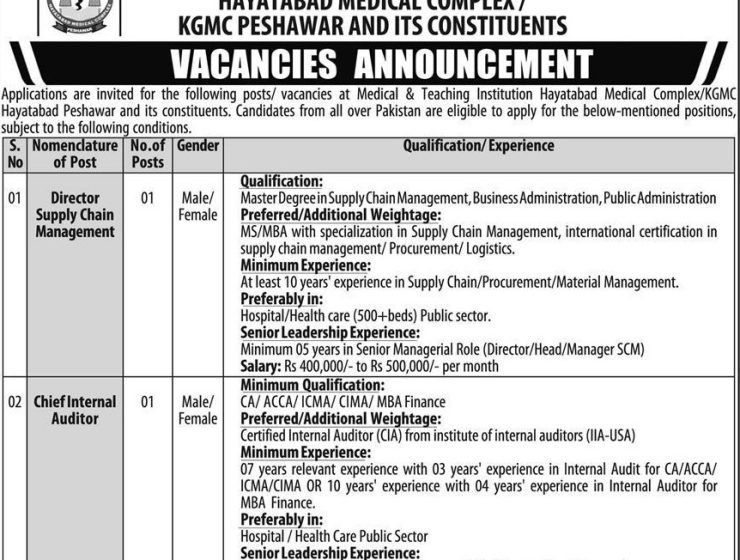 Medical & Teaching Institution Hayatabad Medical Complex (HMC) Peshawar Jobs 2026