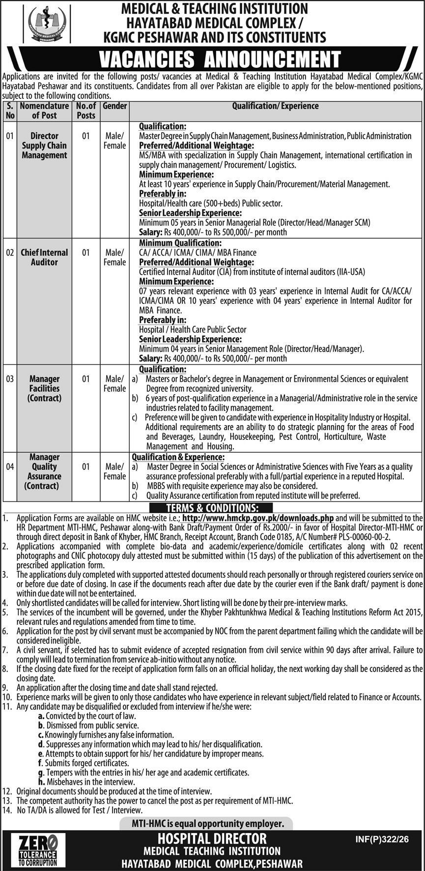 Latest Hayatabad Medical Complex HMC Jobs Peshawar 2026
