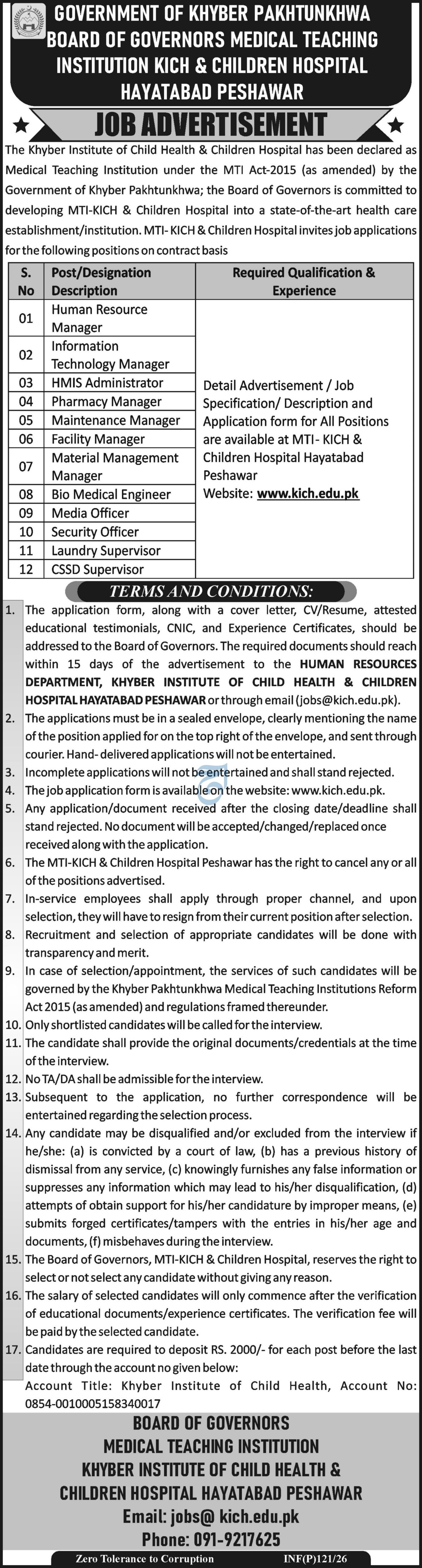 MTI-KICH & Children Hospital Peshawar Jobs 2026 – Apply Now