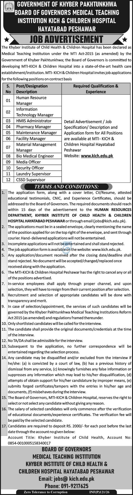 MTI-KICH & Children Hospital Peshawar Jobs 2026 – Apply Now