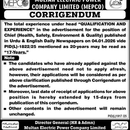 MEPCO Corrigendum 2026 – Experience Requirement Revised for Chief (HSEQ)