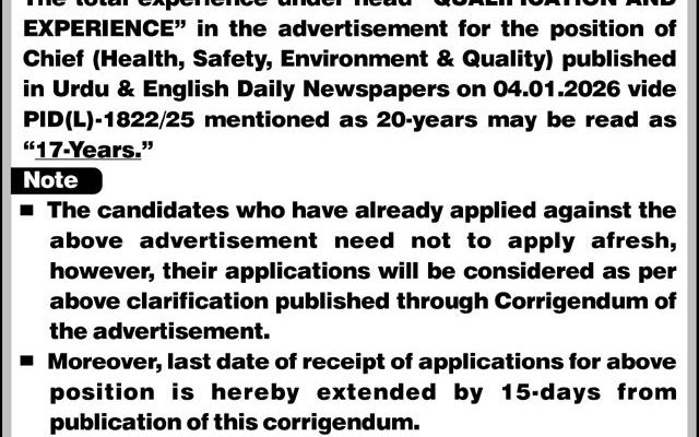 MEPCO Corrigendum 2026 – Experience Requirement Revised for Chief (HSEQ)