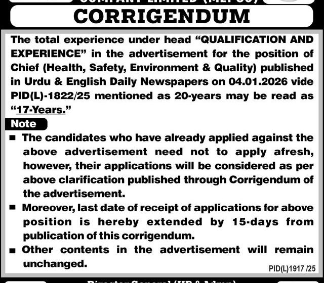 MEPCO Corrigendum 2026 – Experience Requirement Revised for Chief (HSEQ)
