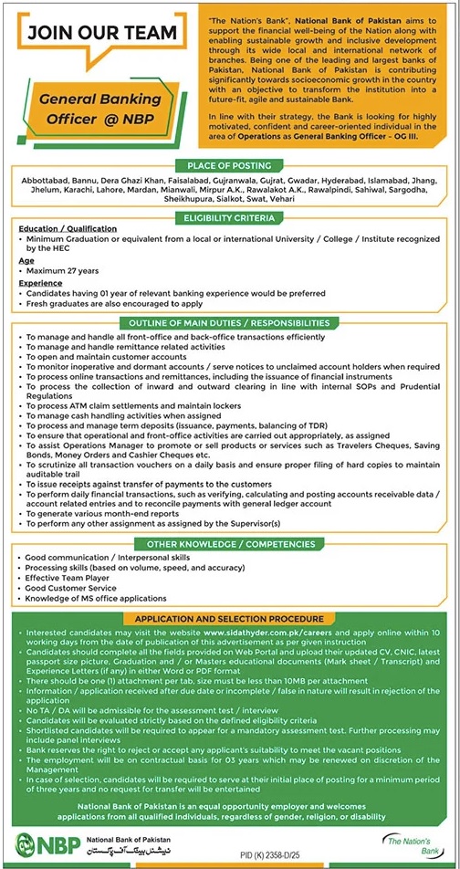 Latest National Bank of Pakistan NBP  Jobs Karachi 2026