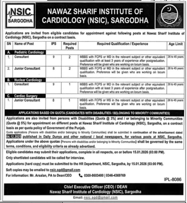 Latest Nawaz Sharif Institute of Cardiology Medical Jobs Sargodha 2026