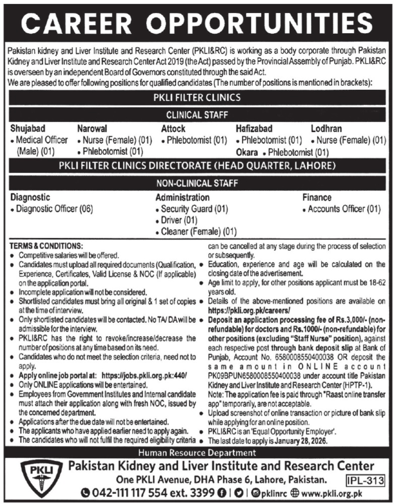 Latest Pakistan Kidney And Liver Institute And Research Centre PKLI Education Jobs Lahore 2026