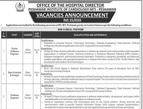 Peshawar Institute of Cardiology Jobs 2026 – Contract-Based Medical Positions