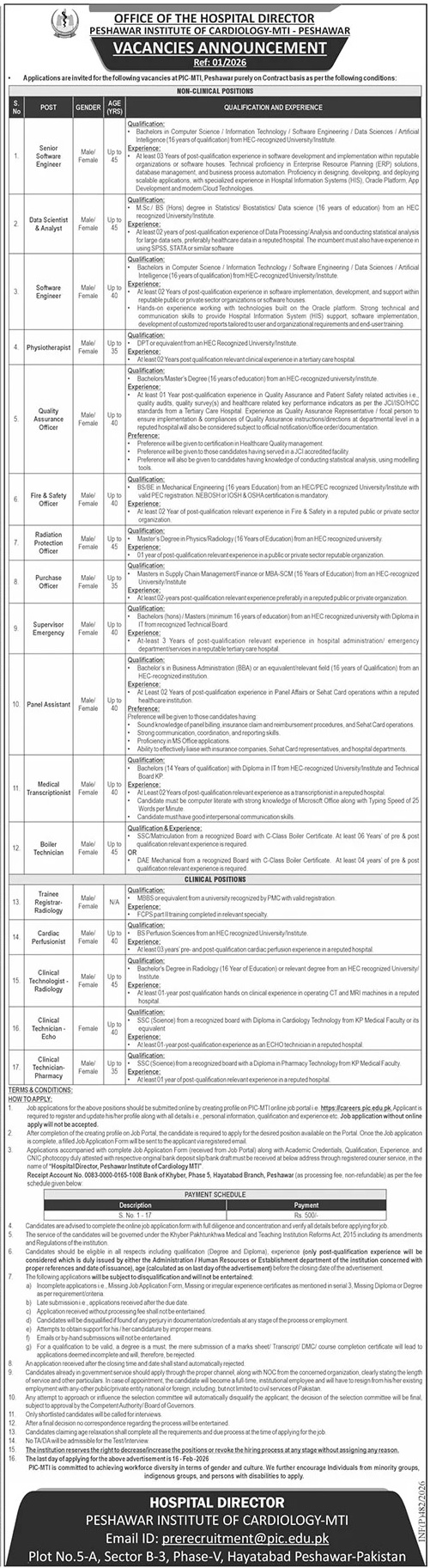 Latest Peshawar Institute of Cardiology PIC  Jobs Peshawar 2026