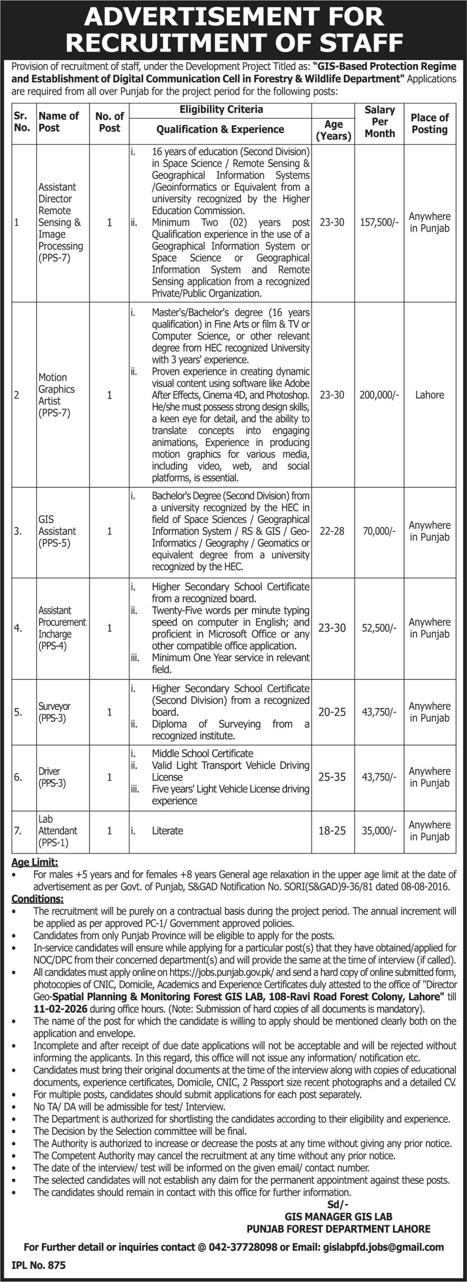 Latest Punjab Forest Department Jobs Lahore 2026