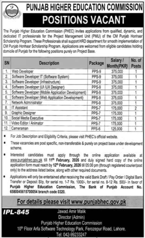 Latest Punjab Higher Education Commission PHEC Jobs  Lahore 2026