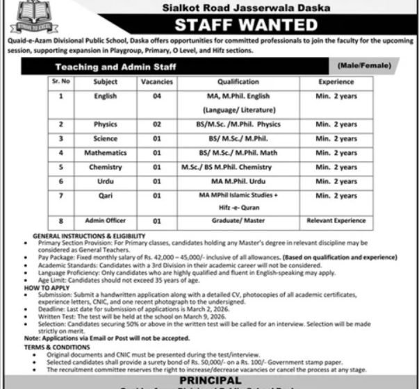 Quaid-e-Azam Divisional Public School Daska Jobs 2026 – Faculty Vacancies
