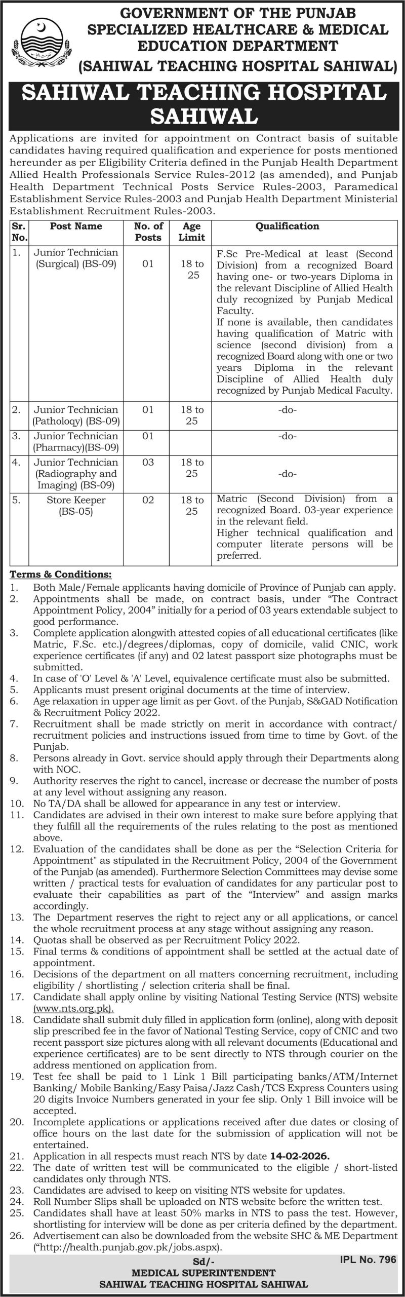 Latest Sahiwal Teaching Hospital Jobs Sahiwal 2026