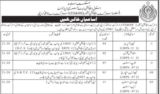 Directorate of School Education Karachi Jobs 2024 | ES&HS Department Vacancies