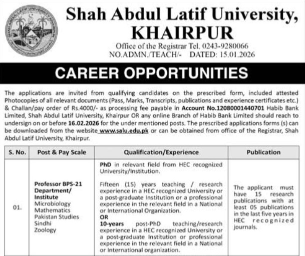 Shah Abdul Latif University Khairpur Jobs Openings 2026 – Apply Before Deadline
