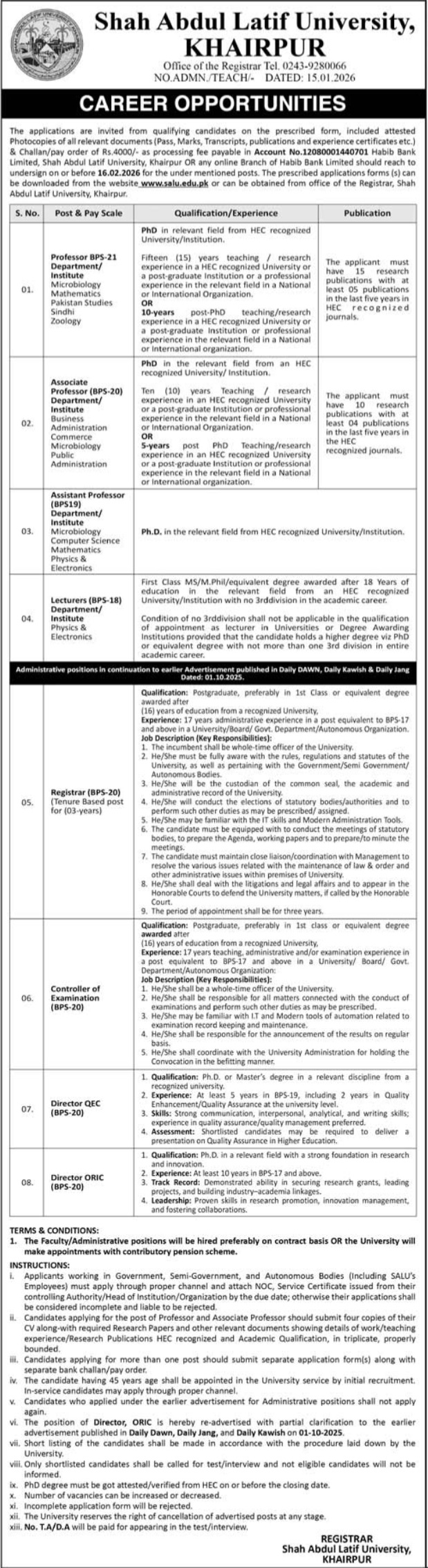 Latest Shah Abdul Latif University Jobs Khairpur 2026