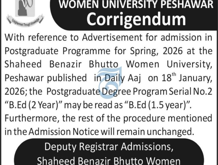 Shaheed Benazir Bhutto Women University Peshawar Admission Update Jobs 2026