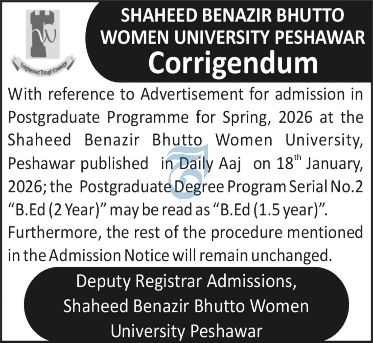 Latest Shaheed Benazir Bhutto Women University Education Jobs Peshawar 2026