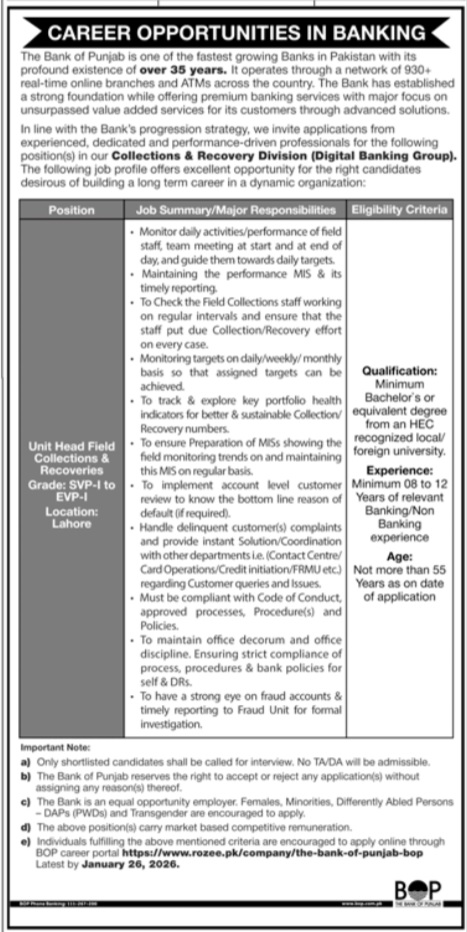 Latest The Bank of Punjab BOP Bank Jobs Lahore 2026