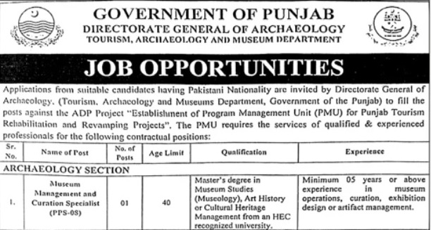 Directorate General of Archaeology Punjab Jobs 2026 – New Vacancies