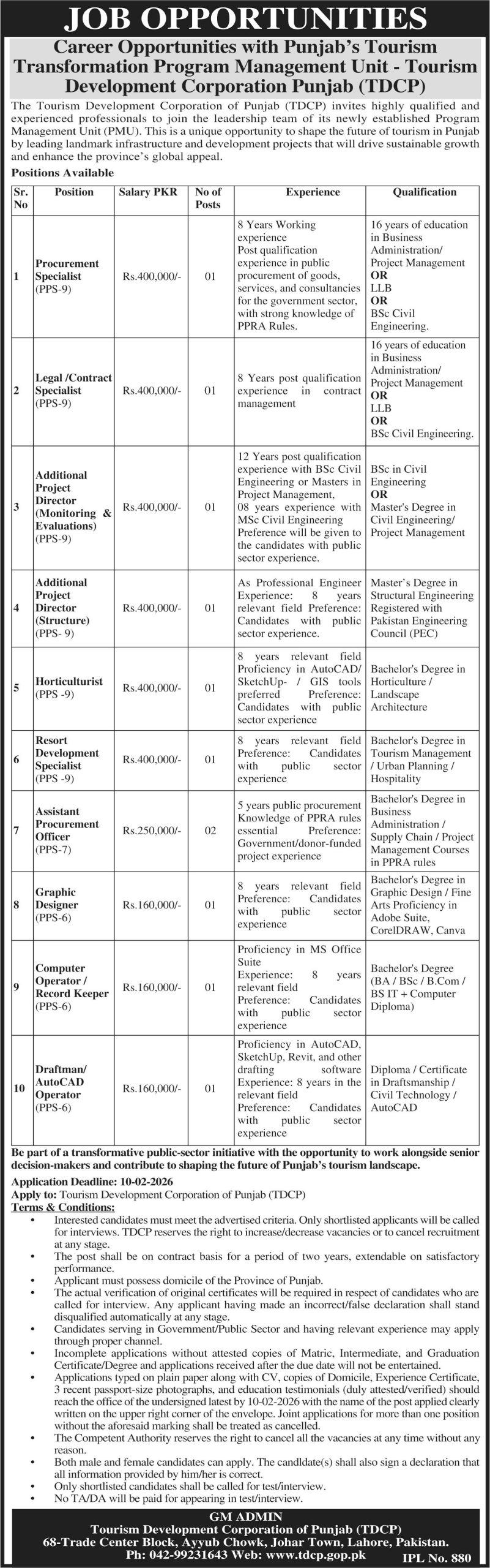 Latest Tourism Development Corporation of Punjab TDCP Jobs Lahore 2026