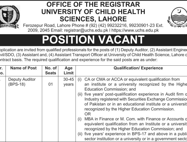 University of Child Health Sciences (UCHS) Lahore Contract Jobs 2026