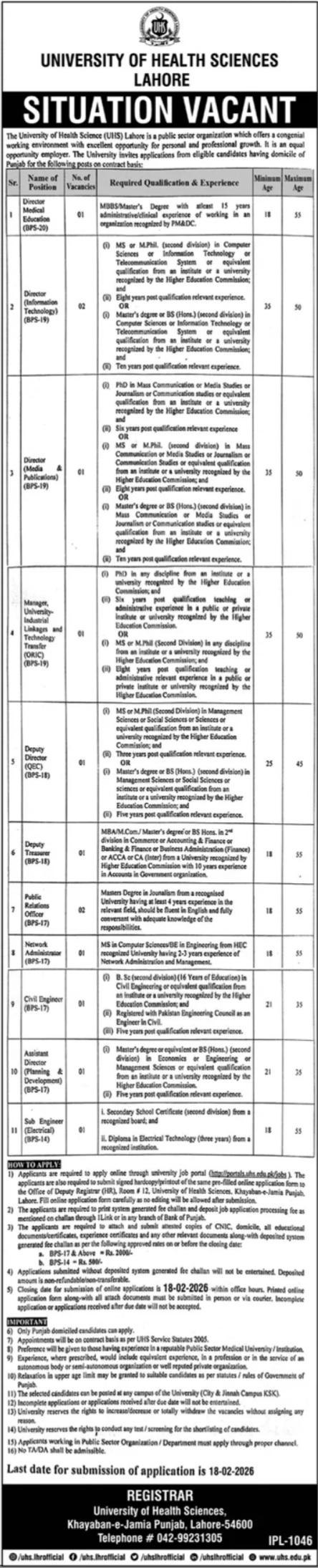 Latest University of Health Sciences Education Jobs Lahore 2026