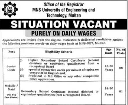 MNS University of Engineering & Technology Multan Jobs 2026 – Daily Wages