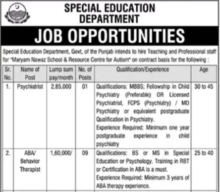 Maryam Nawaz School & Resource Centre for Autism Jobs 2026 – Apply by Post