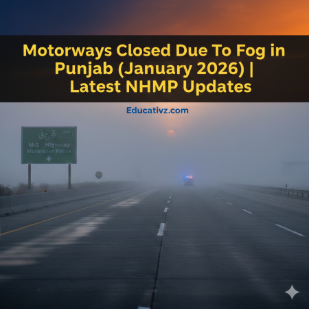 Educational infographic showing temperature inversion causing dense fog in Punjab, Pakistan. Cold air is trapped near rural mud houses and green fields under a warm air layer. Includes Educativz.com branding.