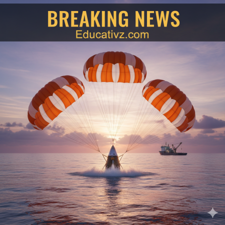 SpaceX Crew Dragon capsule with four large orange parachutes descending at dawn for NASA astronauts space station evacuation splashdown near San Diego