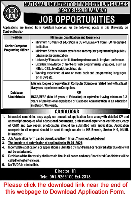 NUML University Islamabad Jobs 2026 