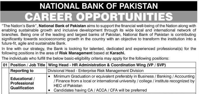 National Bank of Pakistan (NBP) Risk Management Jobs 2026 – Karachi Apply Online