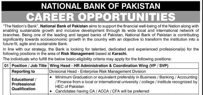 National Bank of Pakistan (NBP) Risk Management Jobs 2026 – Karachi Apply Online