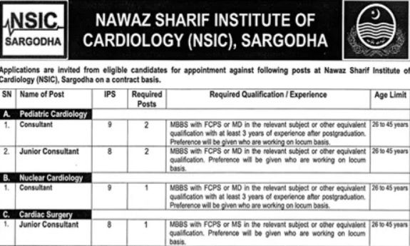 Nawaz Sharif Institute of Cardiology (NSIC) Sargodha Jobs 2026