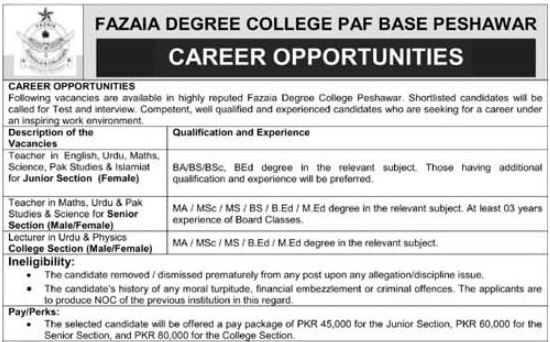 Fazaia Degree College Peshawar Jobs 2026 – Teachers & Lecturers Vacancies