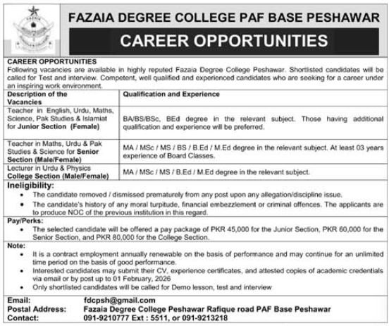 PAF Peshawar Fazaia Degree College Recruitment 2026 – Lecturers & Teaching Staff