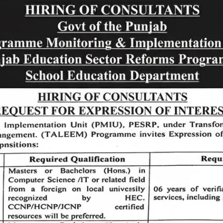 PMIU-PESRP School Education Department Consultant Jobs 2026 – Apply Online