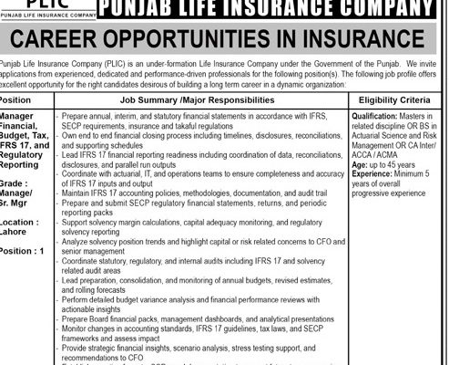 Punjab Life Insurance Company (PLIC) Jobs 2026 – Management Positions in Lahore
