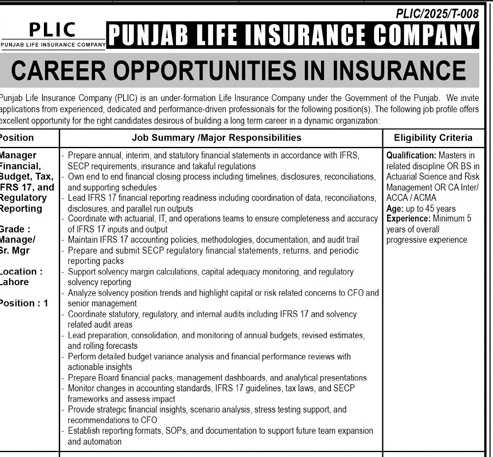 Punjab Life Insurance Company (PLIC) Jobs 2026 – Management Positions in Lahore