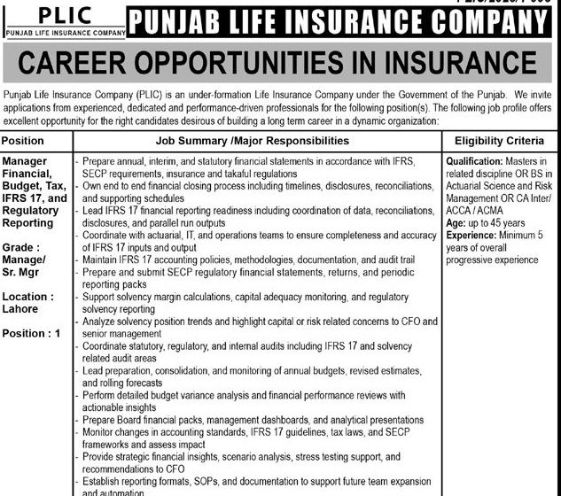 Punjab Life Insurance Company (PLIC) Jobs 2026 – Manager & Analyst Positions