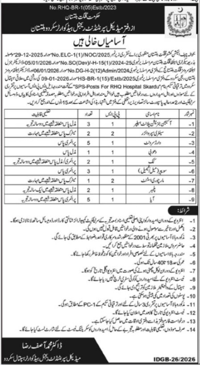 Regional Headquarter Hospital Skardu Jobs 2026 – Latest Medical & Support Staff Vacancies