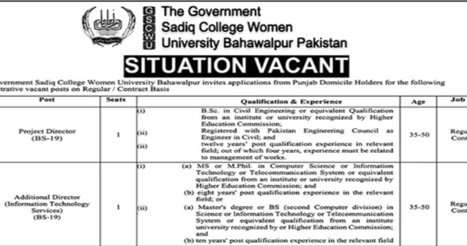 The Government Sadiq College Women University Bahawalpur Jobs 2026