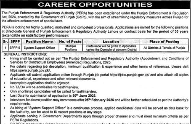 Punjab Enforcement & Regulatory Authority (PERA) Jobs 2026