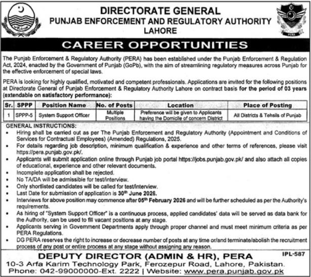 Punjab Enforcement & Regulatory Authority (PERA) Jobs 2026