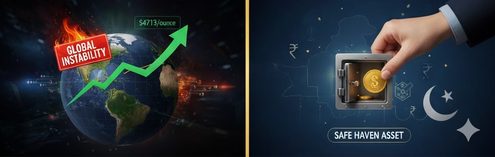 Conceptual illustration of gold as a safe-haven asset during global instability. Features an upward green trend arrow on a world globe, reaching $4713 per ounce, and a hand placing a gold coin into a safe.