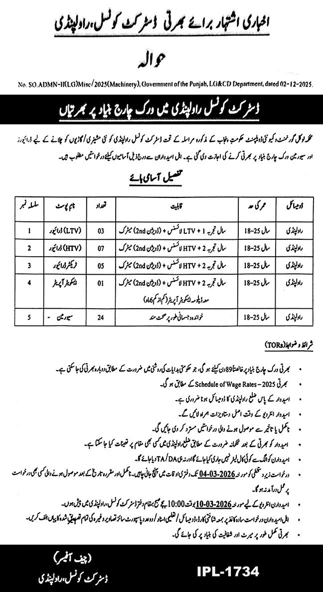 Latest District Council Driving Jobs Rawalpindi 2026