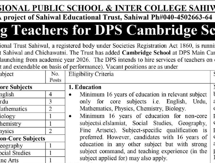 Divisional Public School & Inter College Sahiwal Jobs 2026 – Teaching Vacancies